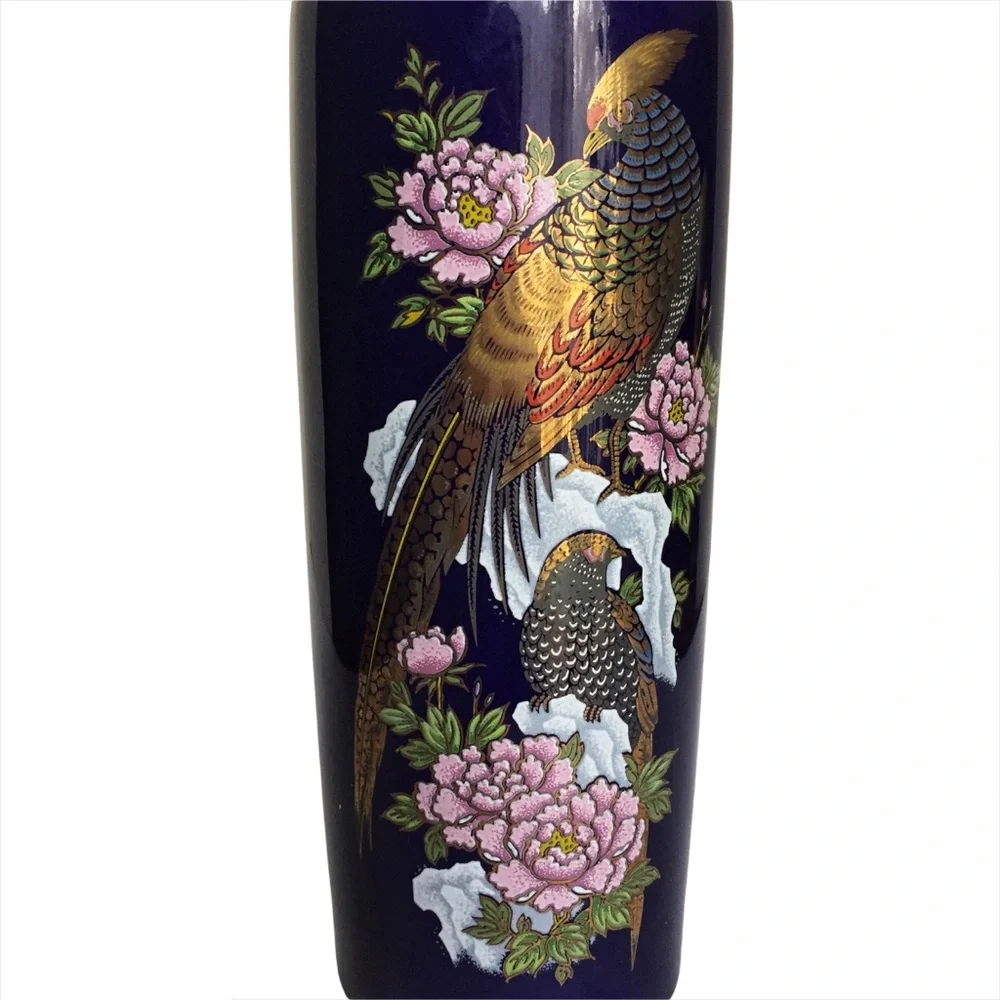 Vintage Kutani Cobalt Blue Pheasants Vase
